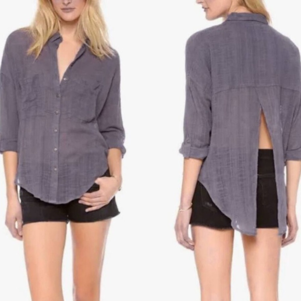 Free People - Shibori Siren Linen Button Front Slit Back Top, Size Small